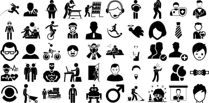 Massive Collection Of Man Icons Collection Flat Cartoon Silhouettes Silhouette, Carrying, Workwear, Profile Doodle For Apps And Websites