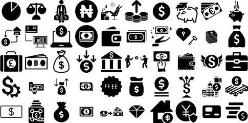 Massive Set Of Money Icons Set Flat Infographic Silhouettes Coin, Finance, Goodie, Silhouette Doodle Isolated On White