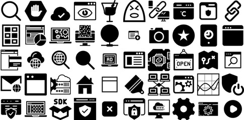 Big Collection Of Web Icons Set Linear Cartoon Clip Art Court, People, Silhouette, Mark Silhouettes Isolated On Transparent Background - obrazy, fototapety, plakaty