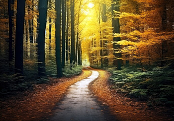Beautiful autumn landscape in the forest. Road through the autumn forest. High quality photo