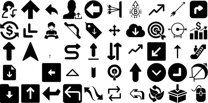 Mega Collection Of Arrow Icons Set Black Infographic Silhouette Skip, Exit, Infographic, Draw Pictograph For Apps And Websites