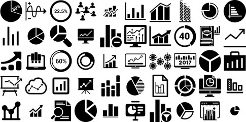 Huge Set Of Graph Icons Pack Black Vector Pictogram Curve, Icon, Magnifier, Tablet Symbol Isolated On White