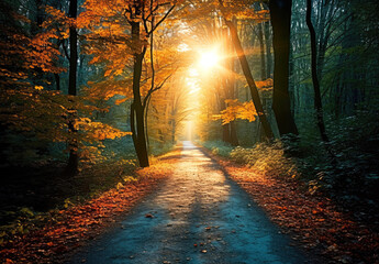 Obraz premium Autumn road in the forest. Colorful autumn landscape with sunbeams. High quality photo