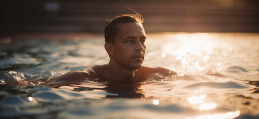 Fit sportsman showcases swimming skills. Generative AI