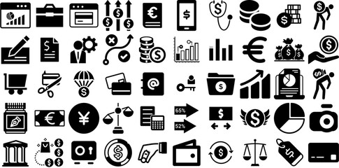 Massive Set Of Finance Icons Bundle Hand-Drawn Black Simple Silhouettes Finance, Giving, Coin, Court Glyphs Isolated On White Background