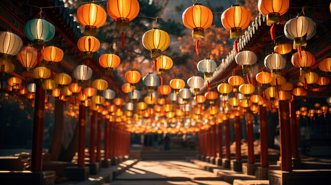Lanterns at a Buddhist Temple in South Korea. Generative Ai