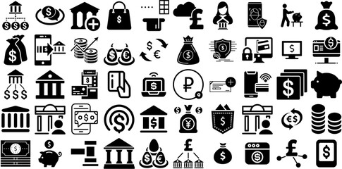 Massive Set Of Banking Icons Bundle Black Infographic Elements Finance, Coin, Icon, Commercial Pictograph Isolated On Transparent Background