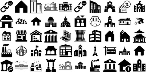 Big Collection Of Building Icons Bundle Black Drawing Web Icon Church, Heavy, Silhouette, Contractor Elements Isolated On Transparent Background