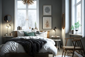 Modern design interior hotel with big window. Generative AI