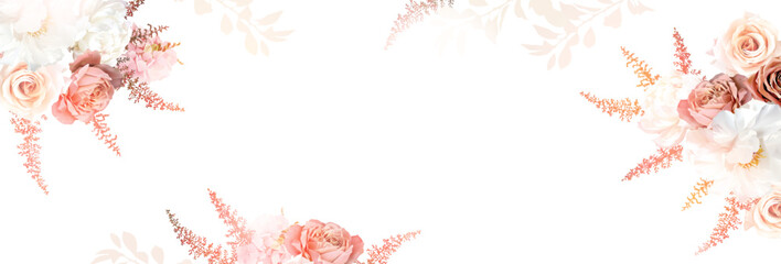 Rust orange and blush pink antique rose, beige and pale flowers, creamy peony, ranunculus, dahlia