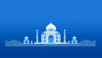 Taj mahal on a blue background in white calligraphy.