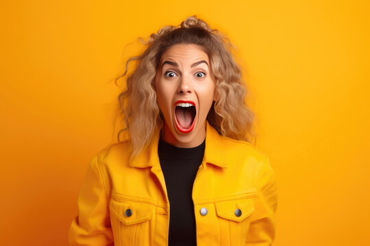 Youthful woman exclaiming joyfully against a vibrant yellow background. Generative AI