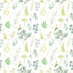 Summer garden greenery print with leaves and wildflowers. Orchid flower, tulip, eucalyptus, herbs and plants