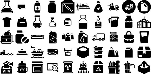 Big Collection Of Container Icons Pack Solid Cartoon Glyphs Icon, Baggage, Pub, Cask Doodles Vector Illustration
