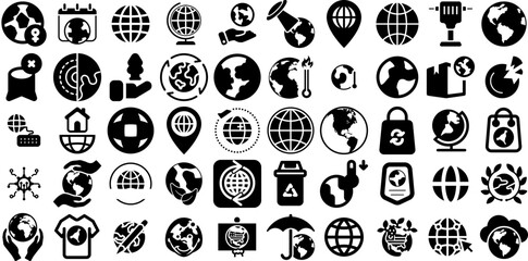 Huge Collection Of Earth Icons Bundle Isolated Infographic Web Icon Global, Silhouette, Generator, Set Element For Computer And Mobile