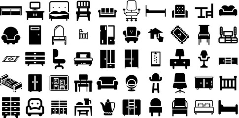 Massive Set Of Furniture Icons Pack Black Cartoon Silhouette Dining Room, Icon, 60S, Garden Pictogram Vector Illustration