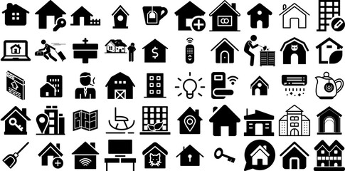 Huge Set Of House Icons Collection Black Infographic Silhouettes Roof, Tool, Mark, Silhouette Pictograms Isolated On White Background