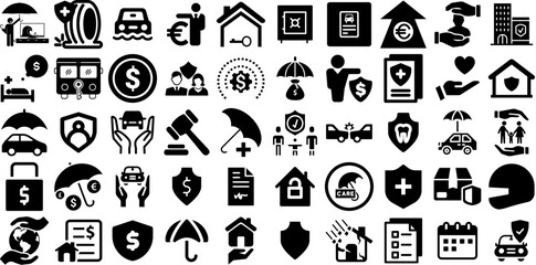 Mega Collection Of Insurance Icons Bundle Black Modern Elements Umbrella, Health, Icon, Finance Silhouette Isolated On White