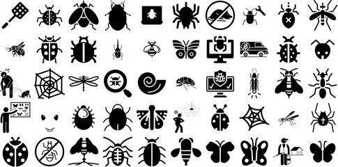 Big Set Of Insect Icons Collection Hand-Drawn Isolated Modern Silhouette Bug, Pest, Unhygienic, Icon Symbol For Computer And Mobile