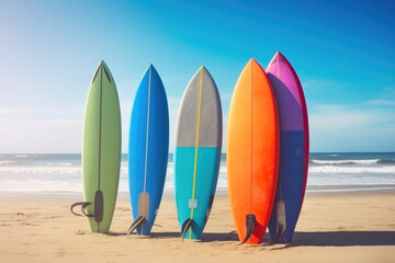 Colorful Surfboards at the Beach. Generative AI