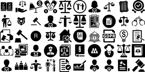 Mega Collection Of Legal Icons Set Hand-Drawn Isolated Cartoon Pictograms Business, Court, Icon, Justice Symbol Isolated On Transparent Background