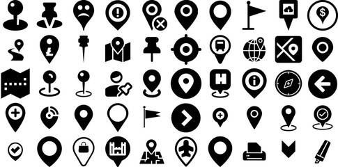 Mega Collection Of Marker Icons Pack Solid Modern Pictogram Pointer, Icon, Cosmetic, Mark Silhouettes Isolated On White Background - obrazy, fototapety, plakaty