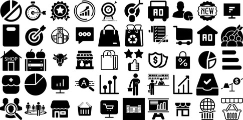Mega Collection Of Market Icons Set Hand-Drawn Black Concept Symbols Distribution, Trading, Interface, Icon Graphic Isolated On White - obrazy, fototapety, plakaty