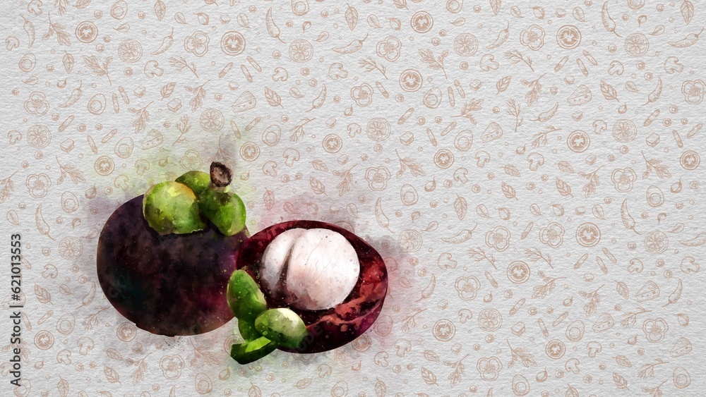 Wall mural Watercolor Fruits and Vegetables. Mangosteen. Text and Price can be Written on the Right Side or Top Side of the Image. Nutritional Values can be Written. The video of this image is in my portfolio. 