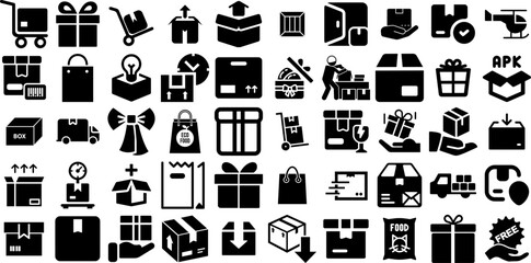 Big Set Of Package Icons Pack Black Concept Symbol Icon, Optimization, Distribution, Mark Doodles Vector Illustration
