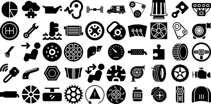 Huge Set Of Part Icons Pack Hand-Drawn Solid Design Glyphs Set, Service, Chips, Icon Logotype Isolated On Transparent Background