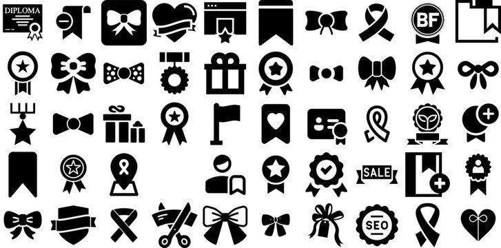 Mega Set Of Ribbon Icons Collection Hand-Drawn Isolated Infographic Signs Luxurious, Symbol, Ribbon, Icon Pictograms Isolated On White Background