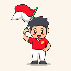 cartoon waving flag.
flat character vector.
Indonesian Independence day