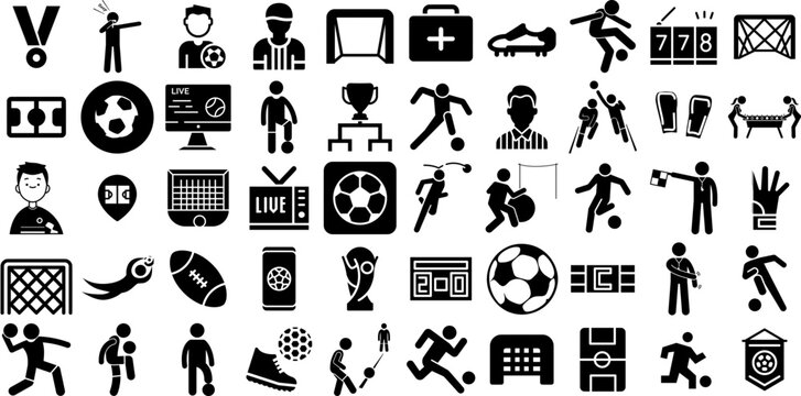 Big Set Of Soccer Icons Pack Hand-Drawn Isolated Vector Web Icon Team, Set, Futsal, Icon Symbol Isolated On White