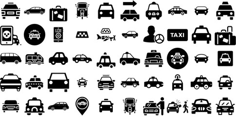 Mega Set Of Taxi Icons Bundle Black Simple Pictogram Automobile, Transportation, Taxi, Icon Buttons Vector Illustration
