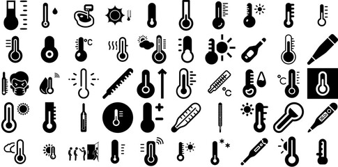 Mega Collection Of Thermometer Icons Bundle Hand-Drawn Black Design Clip Art Icon, Measurement, Tool, Low Illustration For Computer And Mobile