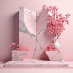 Abstract nature scene with geometric stone podium with flowers display background for product presentation, mock up, cosmetic product stand, 3d rendering.