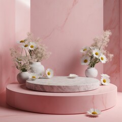 Abstract nature scene with geometric stone podium with chamomile flowers display background for product presentation, mock up, cosmetic product stand, 3d rendering.