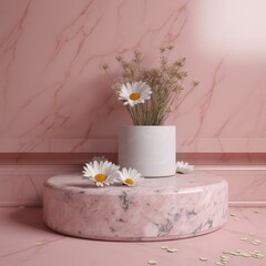 Abstract nature scene with geometric stone podium with chamomile flowers display background for product presentation, mock up, cosmetic product stand, 3d rendering.