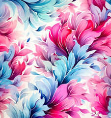 Watercolor floral pattern, pink and turquoise, in the style of loose watercolor paint. 