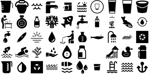 Mega Collection Of Water Icons Pack Flat Infographic Elements Yacht, Bathing, Wind, Tool Silhouette Vector Illustration - obrazy, fototapety, plakaty
