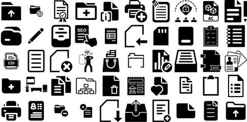 Big Collection Of Document Icons Bundle Hand-Drawn Solid Cartoon Silhouettes Mark, Printing, Finance, Eliminate Doodles Isolated On White