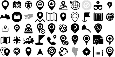 Huge Collection Of Location Icons Set Hand-Drawn Black Drawing Web Icon Navigator, Orientation, Pointer, Geolocation Element Vector Illustration