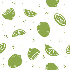 Bright seamless vector pattern. Juicy lime , whole, cut and sliced. Vector illustration