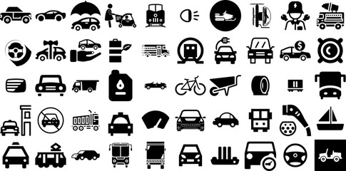 Big Set Of Vehicle Icons Bundle Hand-Drawn Isolated Infographic Clip Art Wheel, Icon, Holiday Maker, Coin Signs Isolated On White