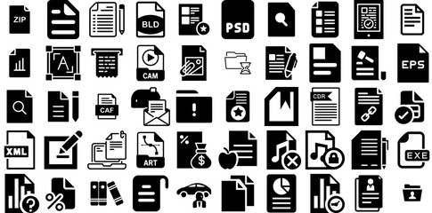 Mega Set Of Document Icons Set Hand-Drawn Solid Modern Pictograms Eliminate, Finance, Mark, Printing Illustration Isolated On White Background