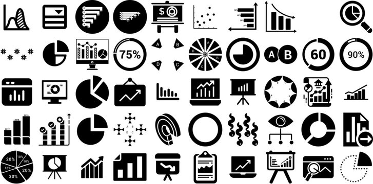 Mega Set Of Graph Icons Bundle Hand-Drawn Isolated Simple Clip Art Icon, Magnifier, Tablet, Curve Graphic Isolated On White Background