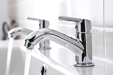 There is also a metal, chrome-plated bathroom water faucet and a kitchen mixer with hot and cold water. plumbing. on a white background