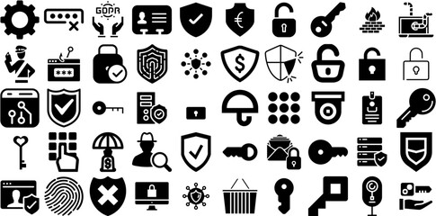 Huge Set Of Security Icons Set Hand-Drawn Black Concept Silhouette Mark, Person, Set, Tool Pictogram For Apps And Websites - obrazy, fototapety, plakaty