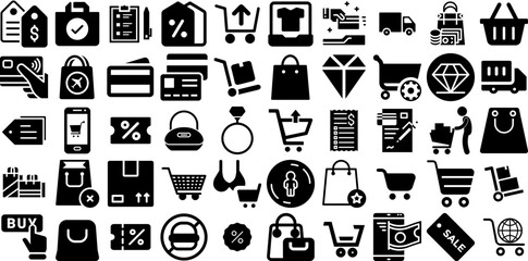 Huge Collection Of Shopping Icons Set Solid Modern Pictogram Shopping Centre, Goodie, Purchase, Mark Buttons For Computer And Mobile