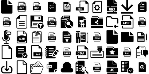 Huge Set Of File Icons Collection Black Simple Web Icon Extension, Page, App, Set Pictograph Isolated On Transparent Background